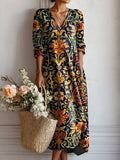 Midi Dress V-Neck Cotton Boho Baroque Print 3/4 Sleeve