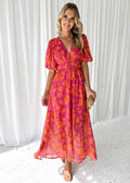 Midi Dress V-Neck Floral Print Short Puff Sleeves - Orange