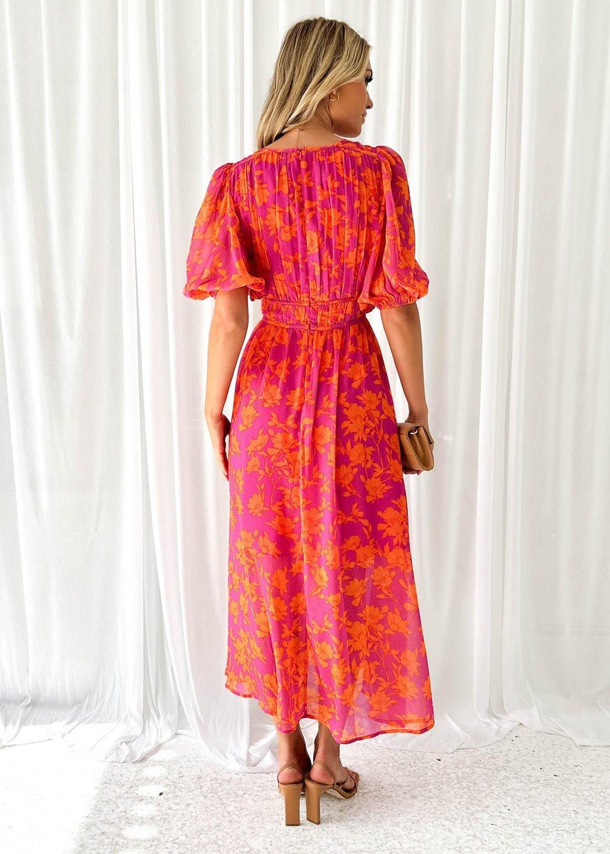Midi Dress V-Neck Floral Print Short Puff Sleeves