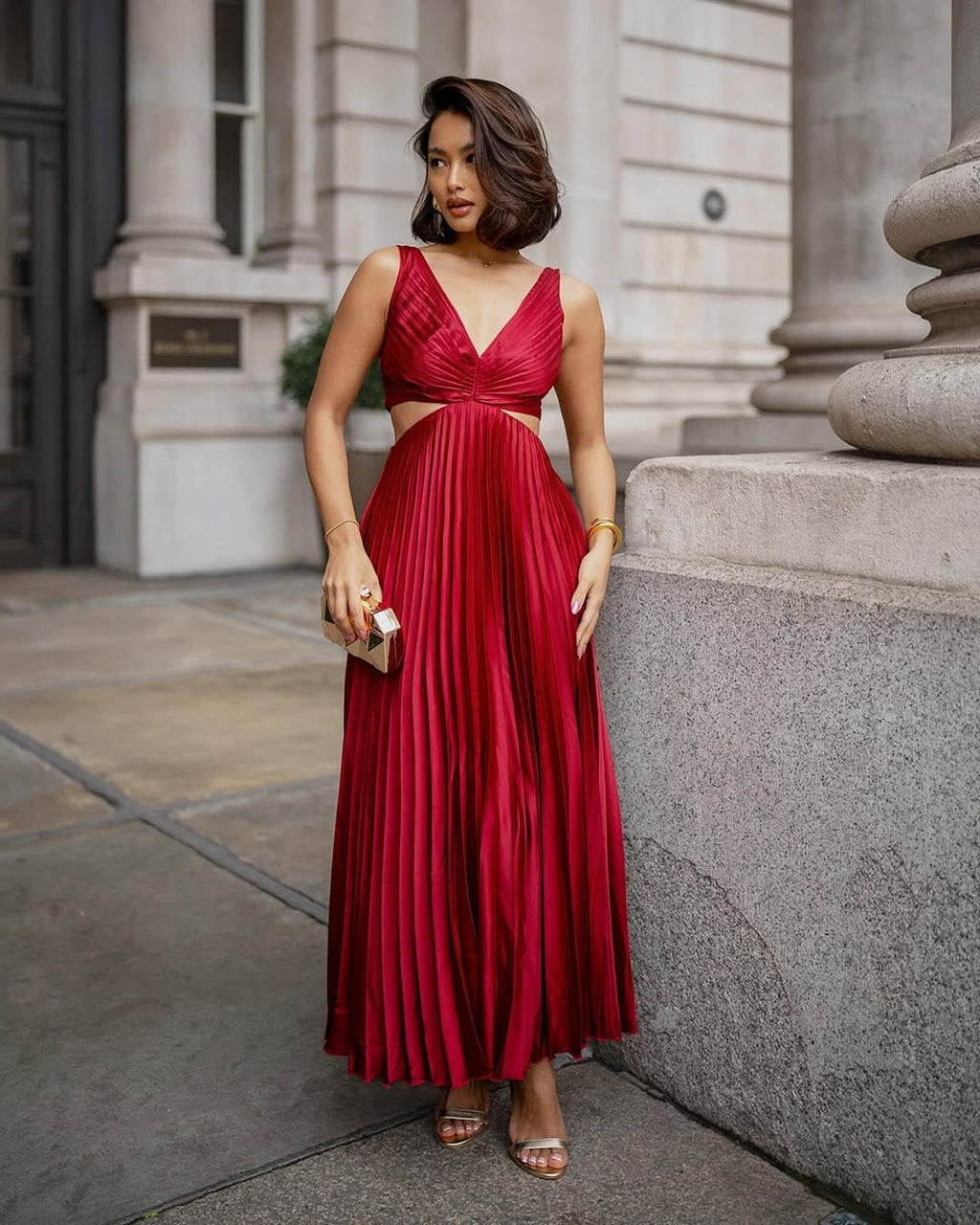 Midi Dress V-Neck Pleated Cut-Out Wedding Guest - Red