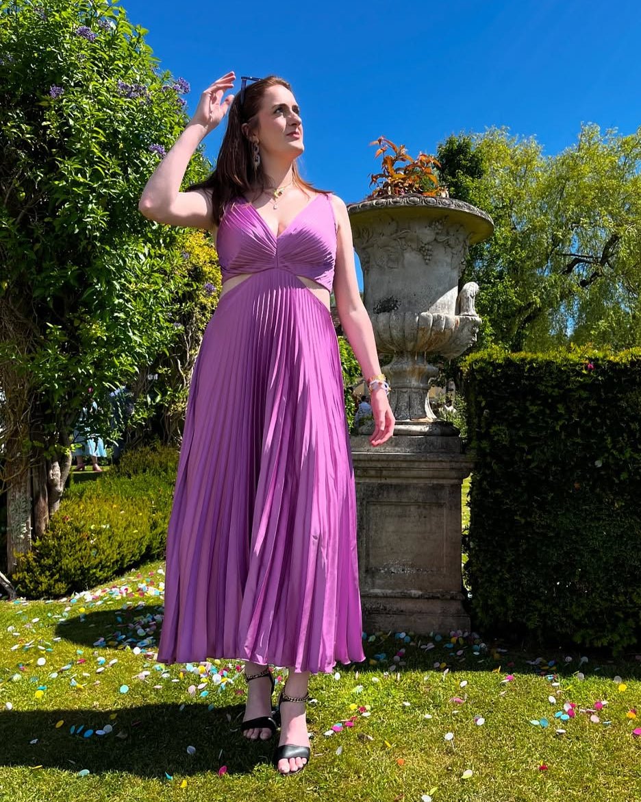 Midi Dress V-Neck Pleated Cut-Out Wedding Guest - Purple