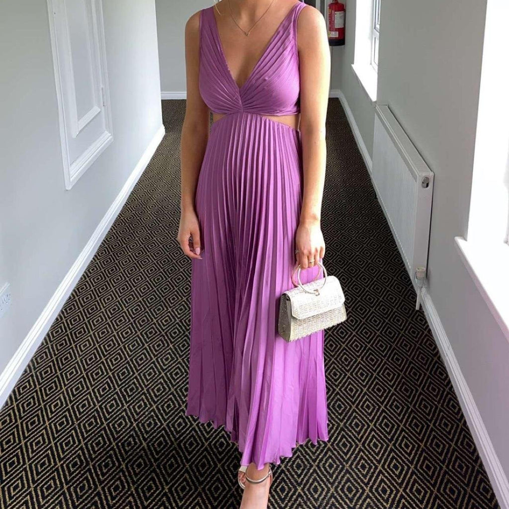 Midi Dress V-Neck Pleated Cut-Out Wedding Guest