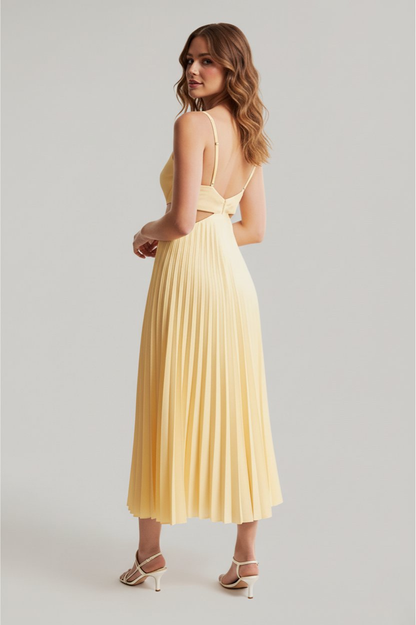 Midi Dress V-Neck Pleated Cut-Out Wedding Guest
