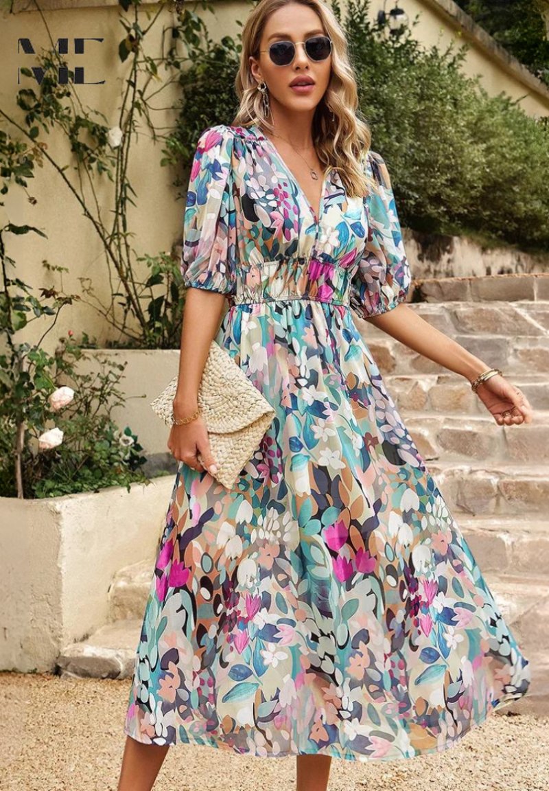 Midi Dress V-Neck Puff Sleeve Wedding Guest - Light Blue