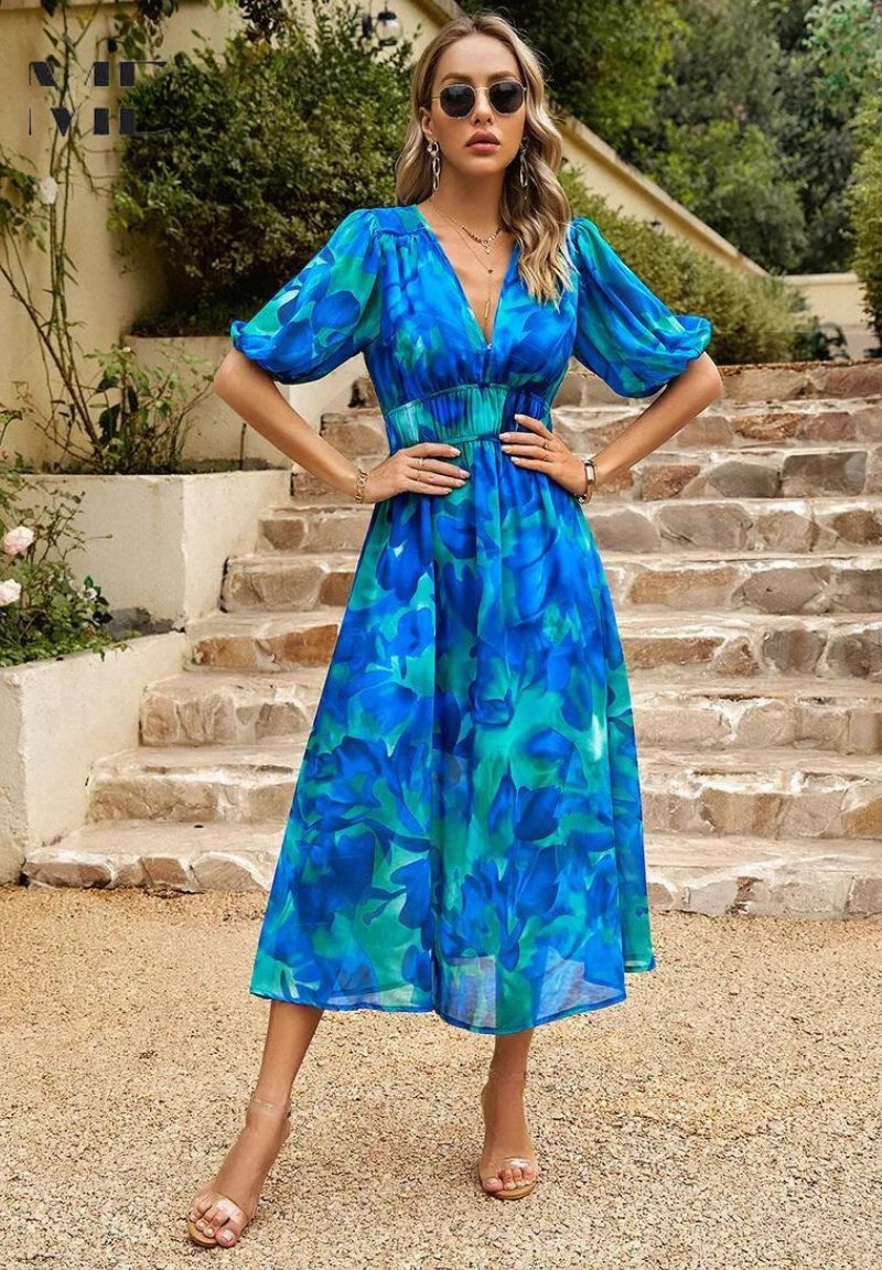 Midi Dress V-Neck Puff Sleeve Wedding Guest - Blue