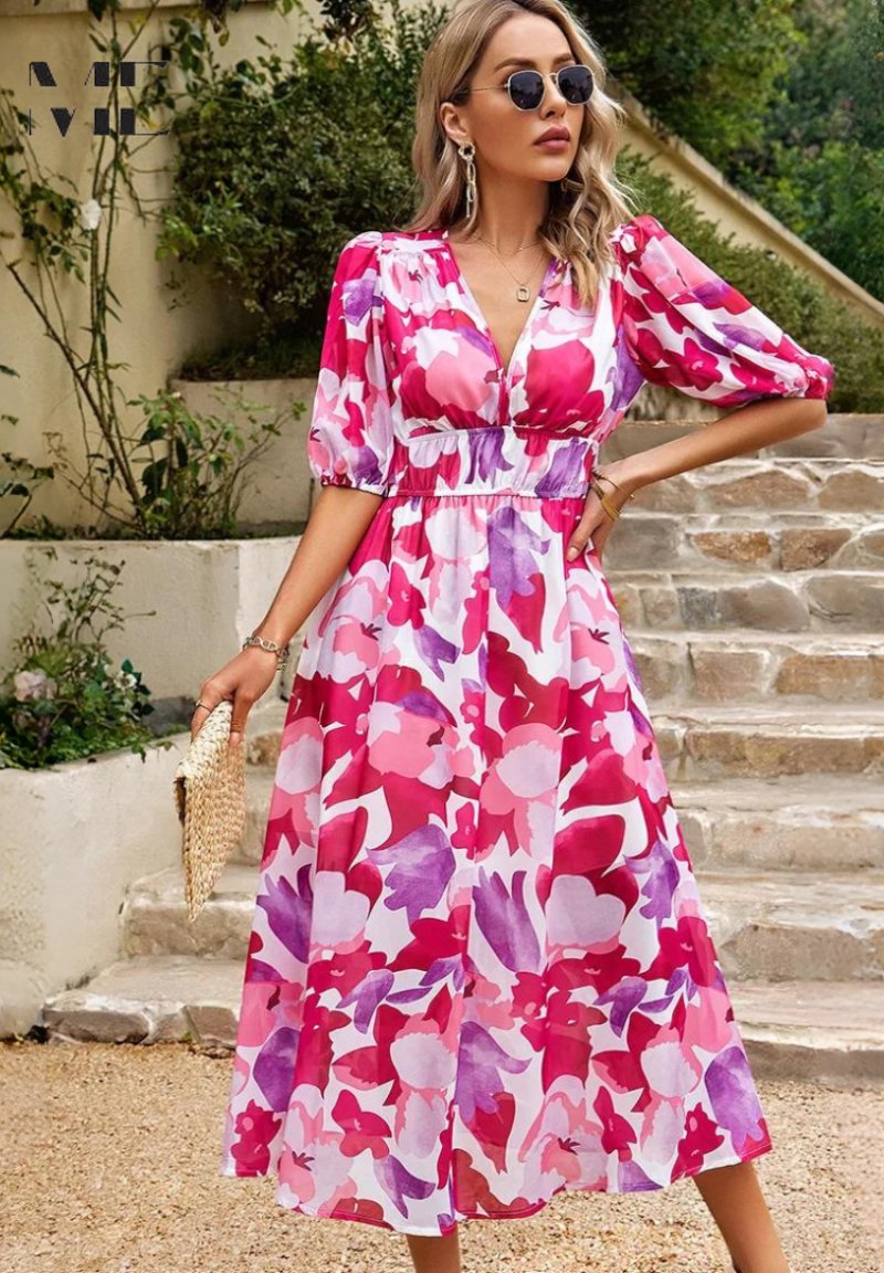 Midi Dress V-Neck Puff Sleeve Wedding Guest - Pink