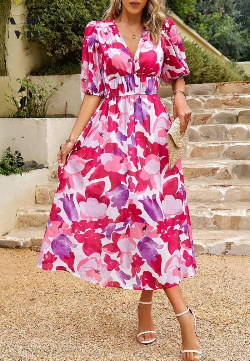Midi Dress V-Neck Puff Sleeve Wedding Guest