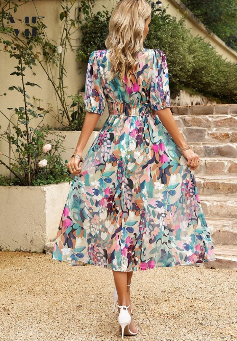 Midi Dress V-Neck Puff Sleeve Wedding Guest
