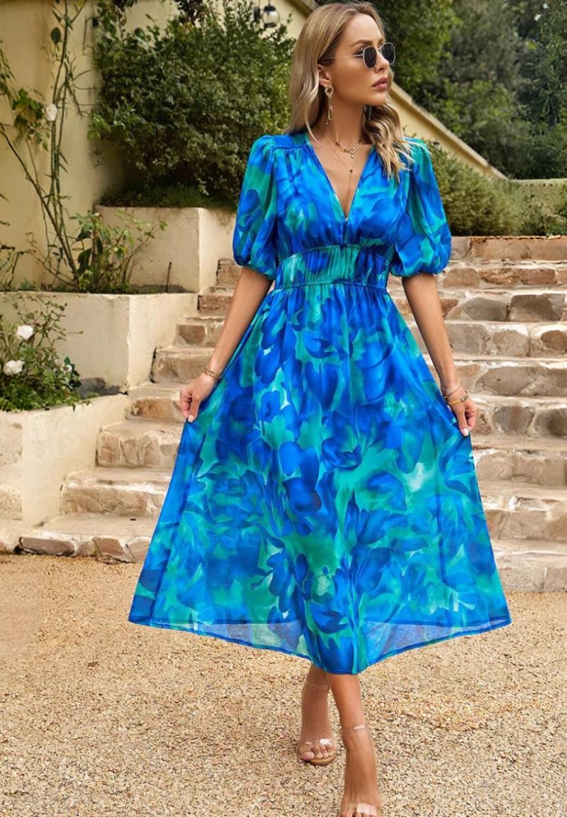 Midi Dress V-Neck Puff Sleeve Wedding Guest