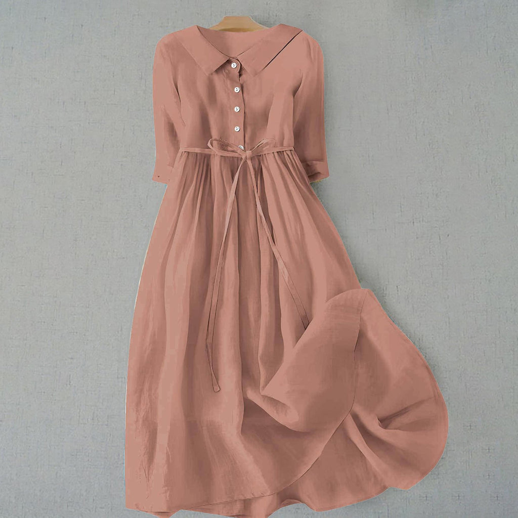 Midi Shirt Dress 3/4 Sleeve Tie Waist - Light Brown