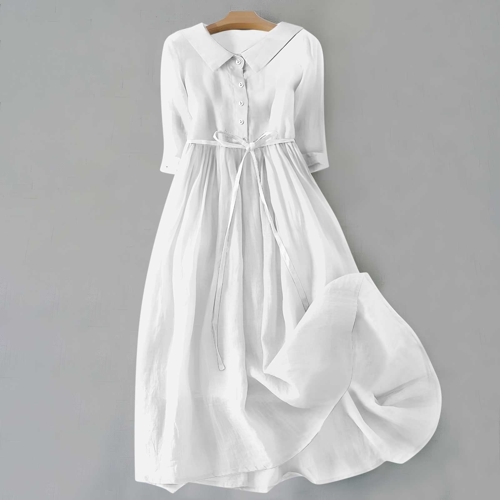 Midi Shirt Dress 3/4 Sleeve Tie Waist - White