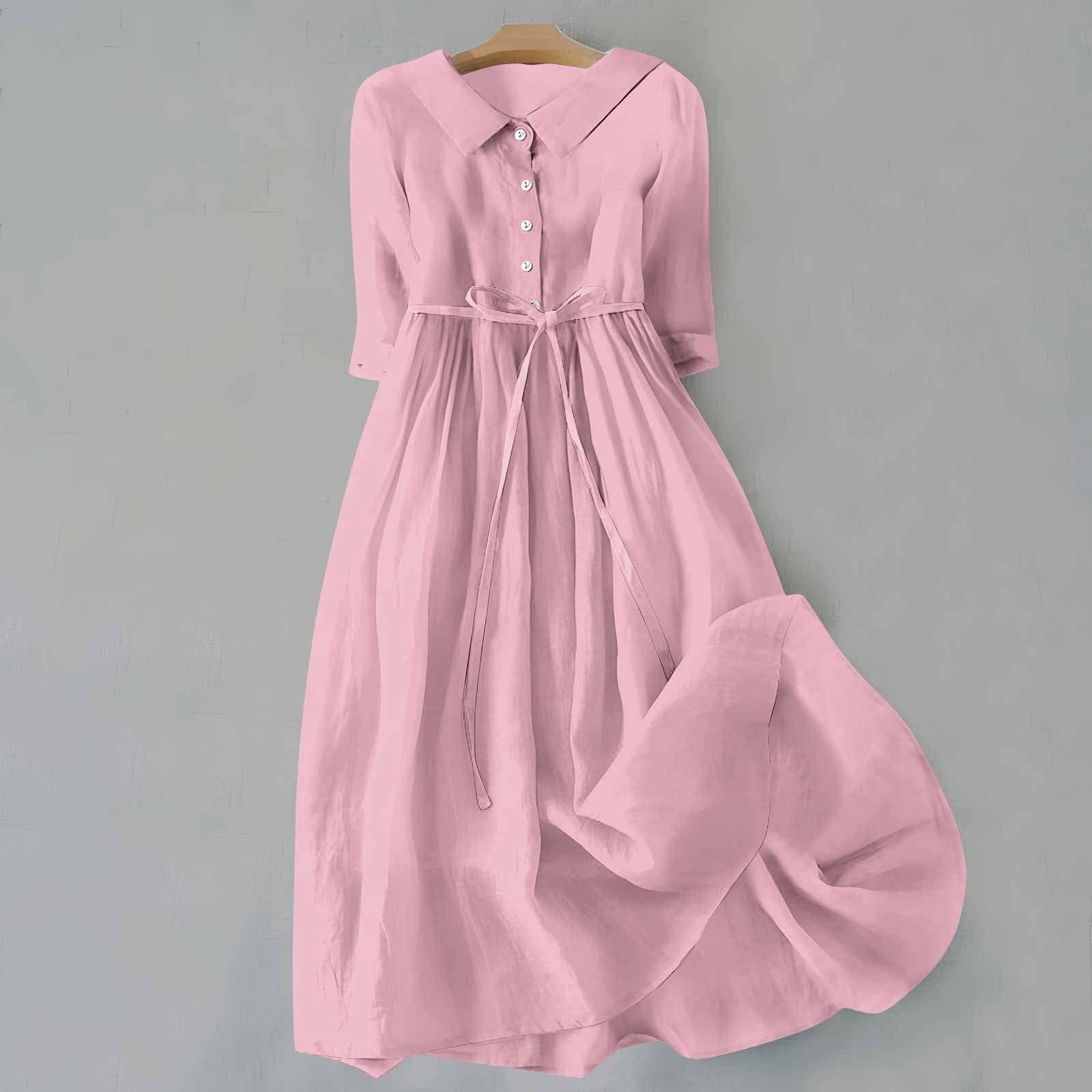 Midi Shirt Dress 3/4 Sleeve Tie Waist - Pink