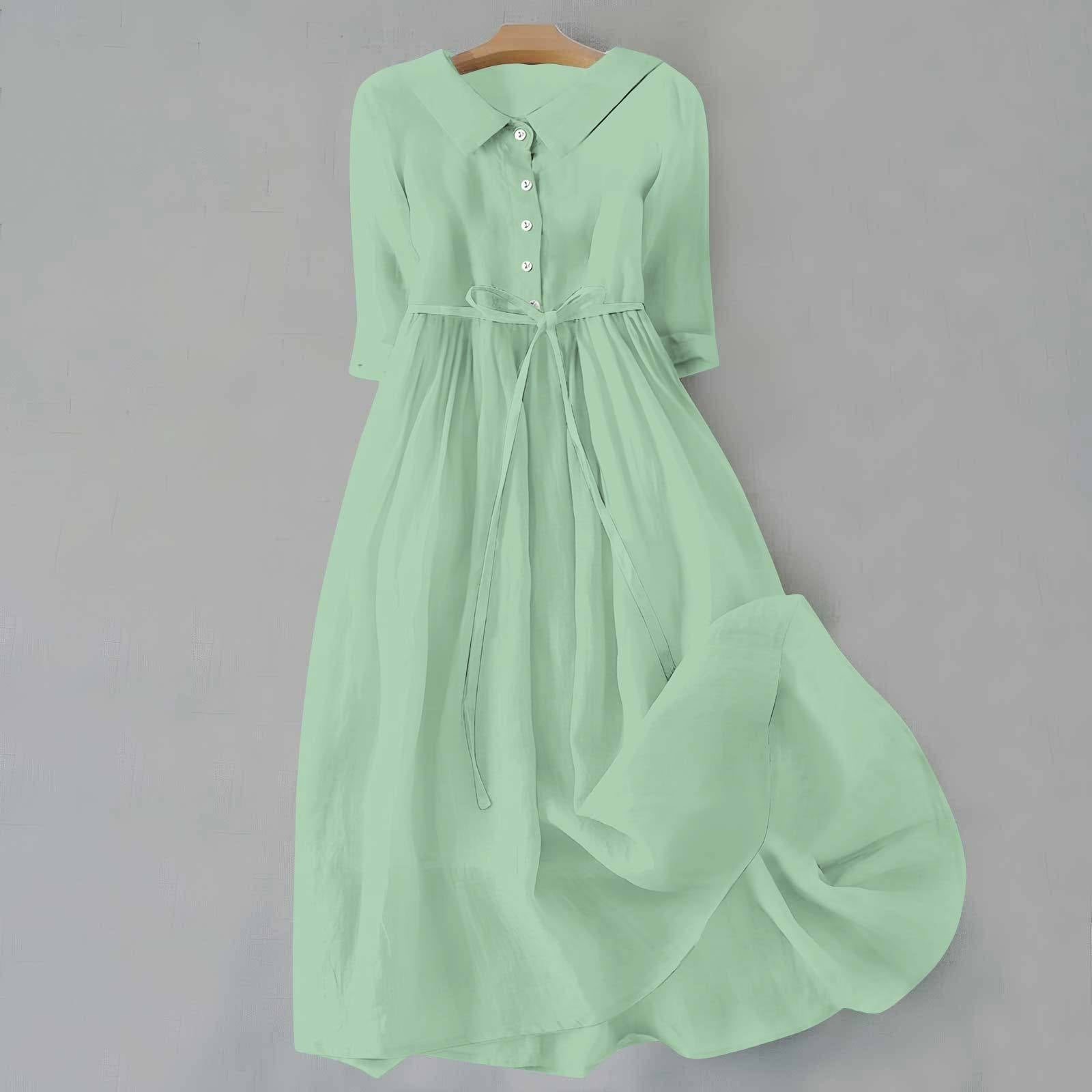 Midi Shirt Dress 3/4 Sleeve Tie Waist - Light Green