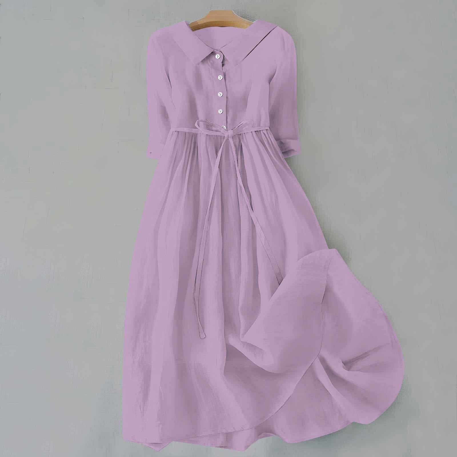 Midi Shirt Dress 3/4 Sleeve Tie Waist - Purple