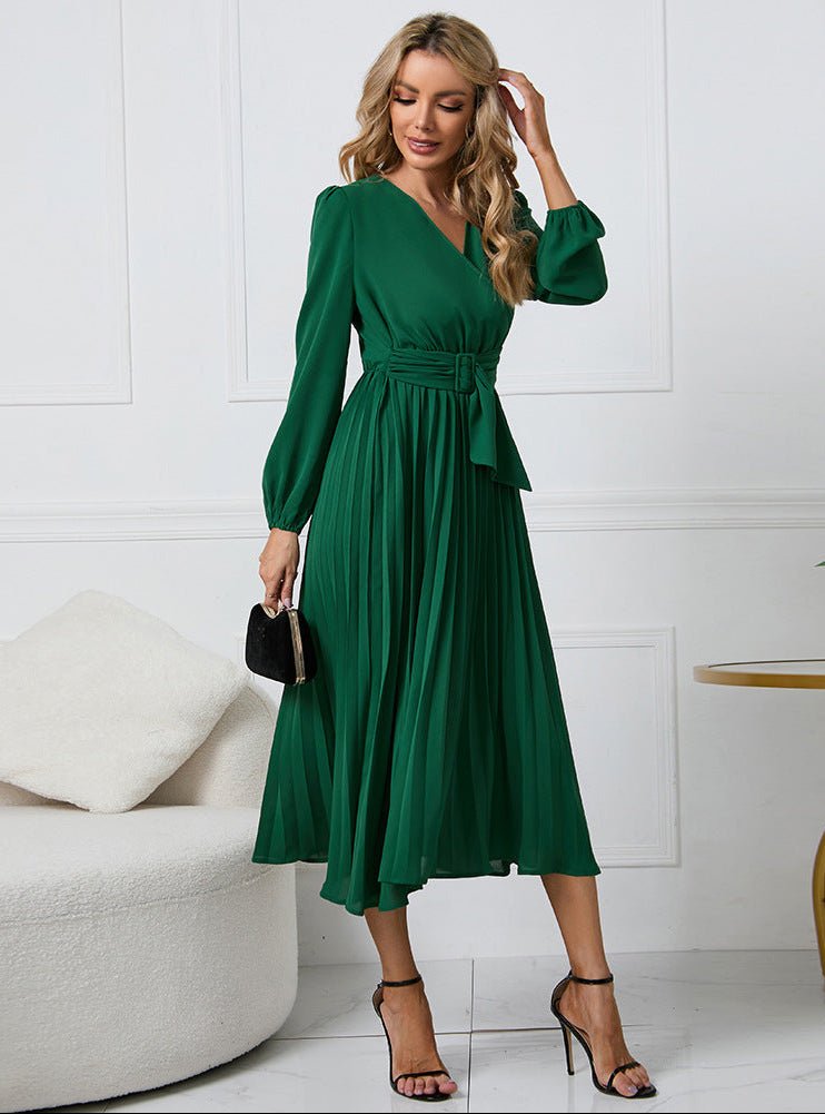 Midi Wrap Dress V-Neck Pleated Long Sleeve Cocktail - Green