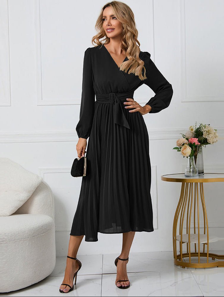 Midi Wrap Dress V-Neck Pleated Long Sleeve Cocktail - Black