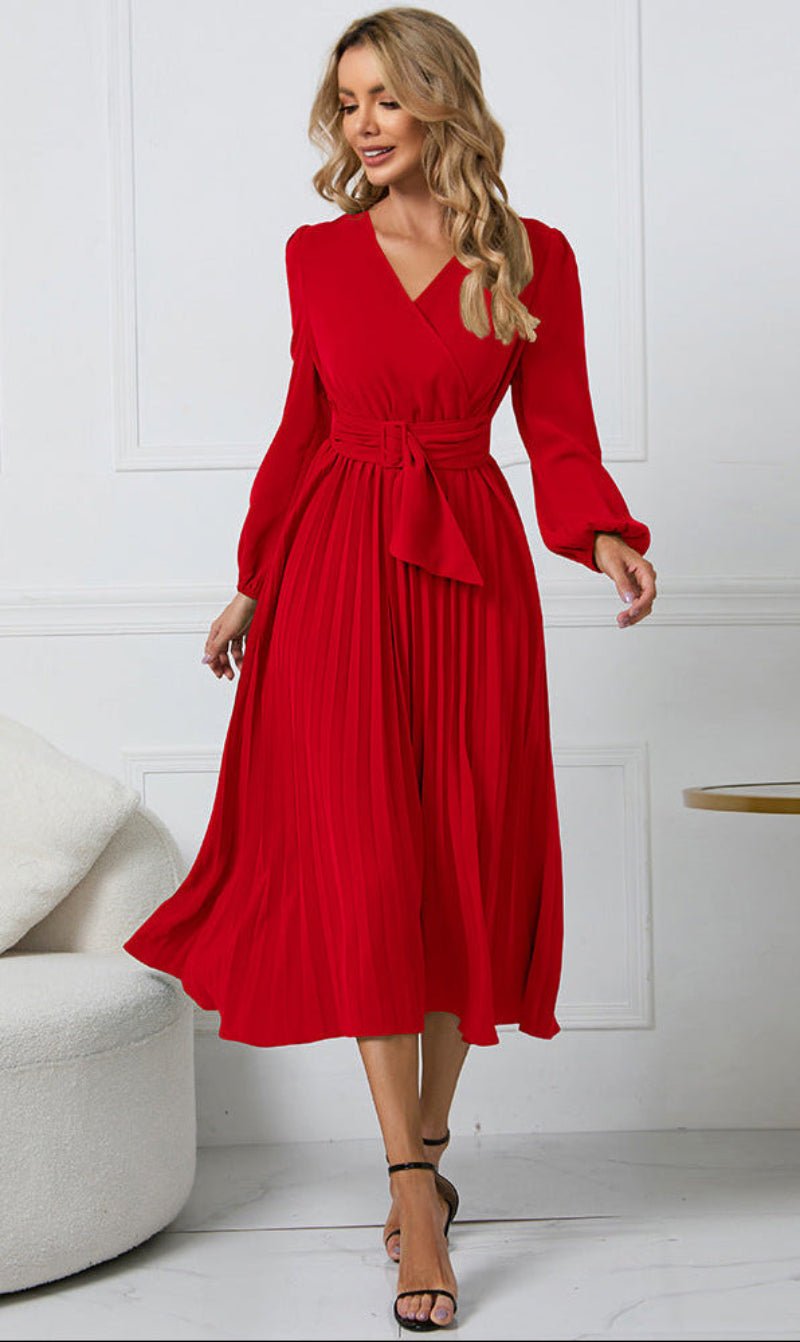 Midi Wrap Dress V-Neck Pleated Long Sleeve Cocktail - Red