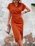 Midi Wrap Dress V-Neck Short Sleeve Front Slit - Orange