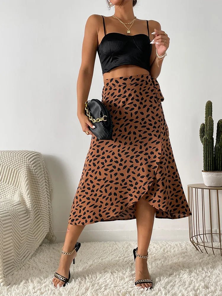 Midi Wrap Skirt High Waisted Leaf Print Asymmetrical Hem - Brown