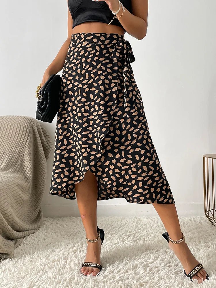 Midi Wrap Skirt High Waisted Leaf Print Asymmetrical Hem - Black