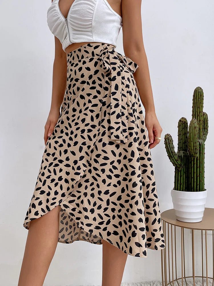Midi Wrap Skirt High Waisted Leaf Print Asymmetrical Hem - Khaki