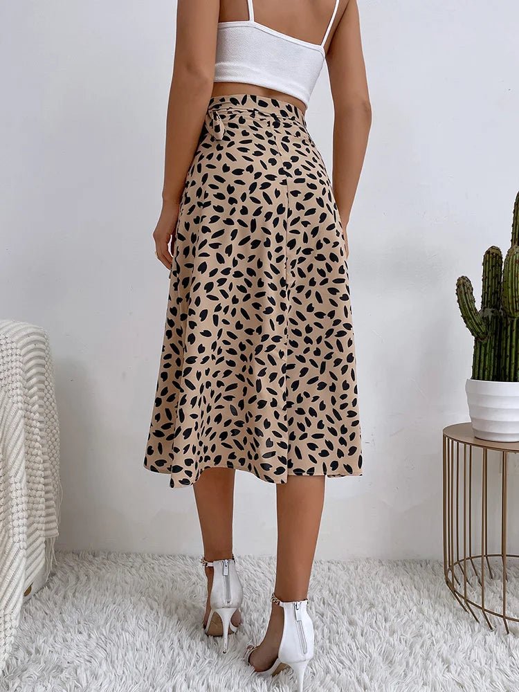 Midi Wrap Skirt High Waisted Leaf Print Asymmetrical Hem