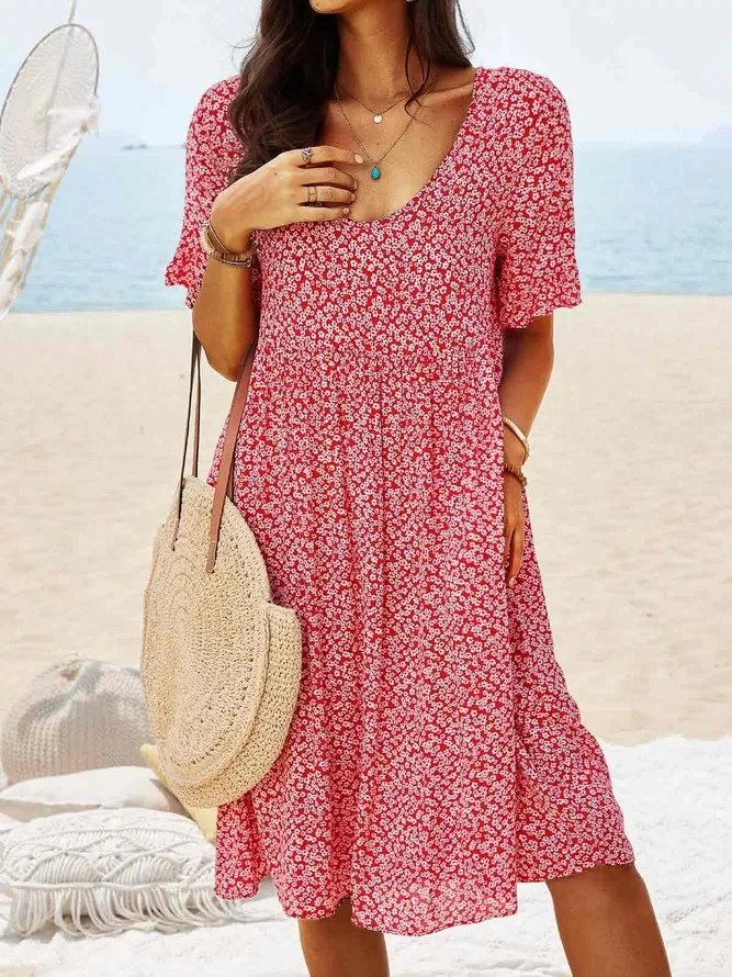 Mini Dress Cotton Floral Flutter Sleeve A-Line Summer - Red