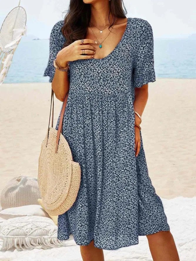 Mini Dress Cotton Floral Flutter Sleeve A-Line Summer - Navy