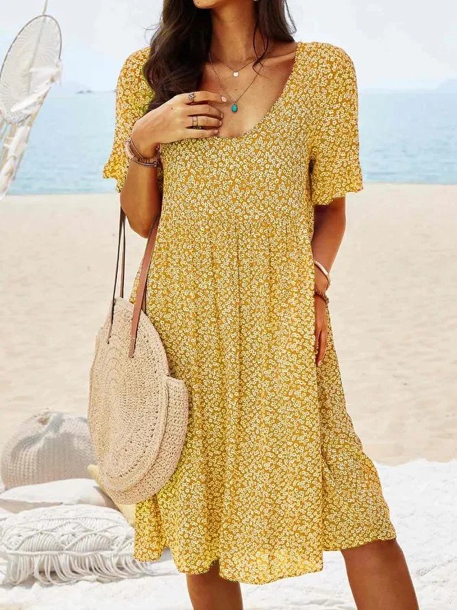 Mini Dress Cotton Floral Flutter Sleeve A-Line Summer - Yellow