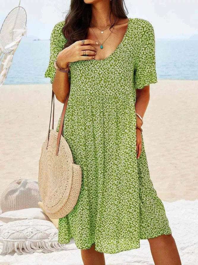 Mini Dress Cotton Floral Flutter Sleeve A-Line Summer - Light Green