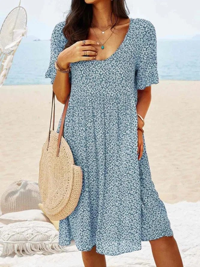 Mini Dress Cotton Floral Flutter Sleeve A-Line Summer - Steel Blue