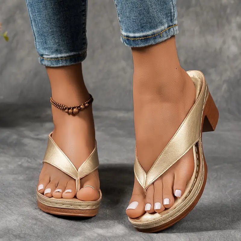 Orthopedic Heel Sandals Block Heel Cushioned Footbed - Gold