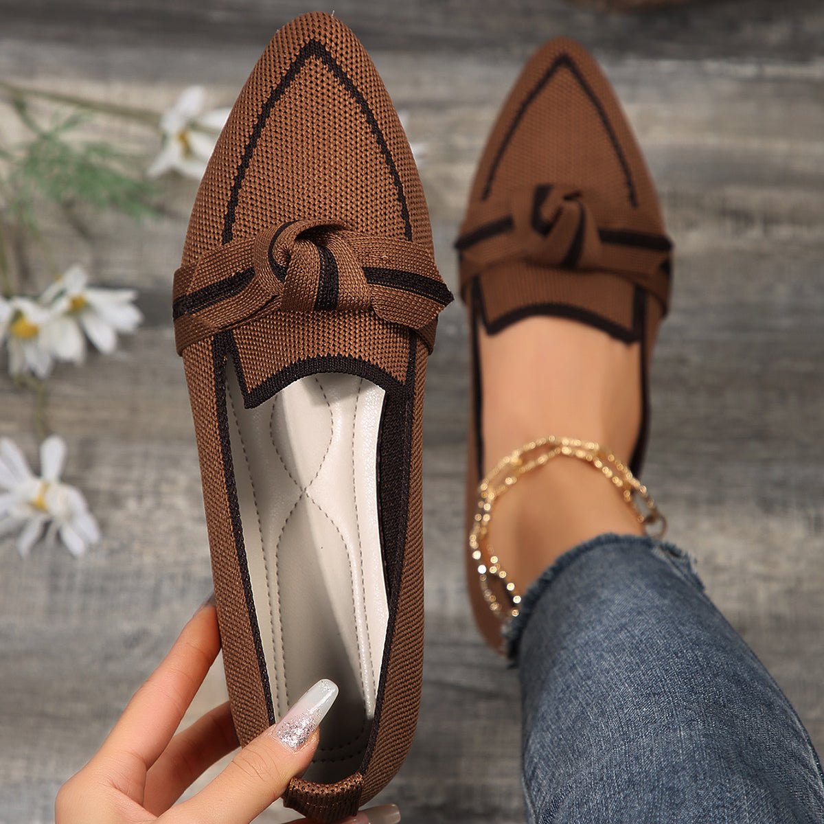 Orthopedic Knit Flats Pointed Toe Lightweight Loafers - Brown