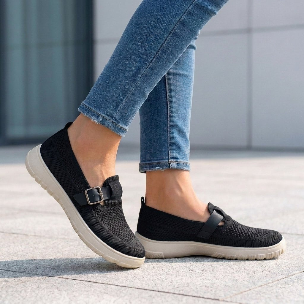 Orthopedic Loafers Buckle Strap Slip-On Comfort Shoes Women - Black