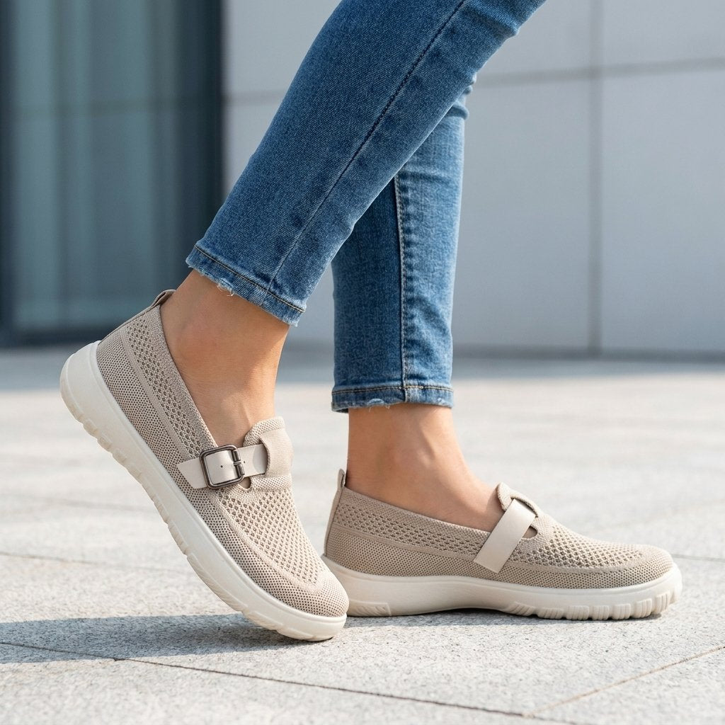 Orthopedic Loafers Buckle Strap Slip-On Comfort Shoes Women - Beige