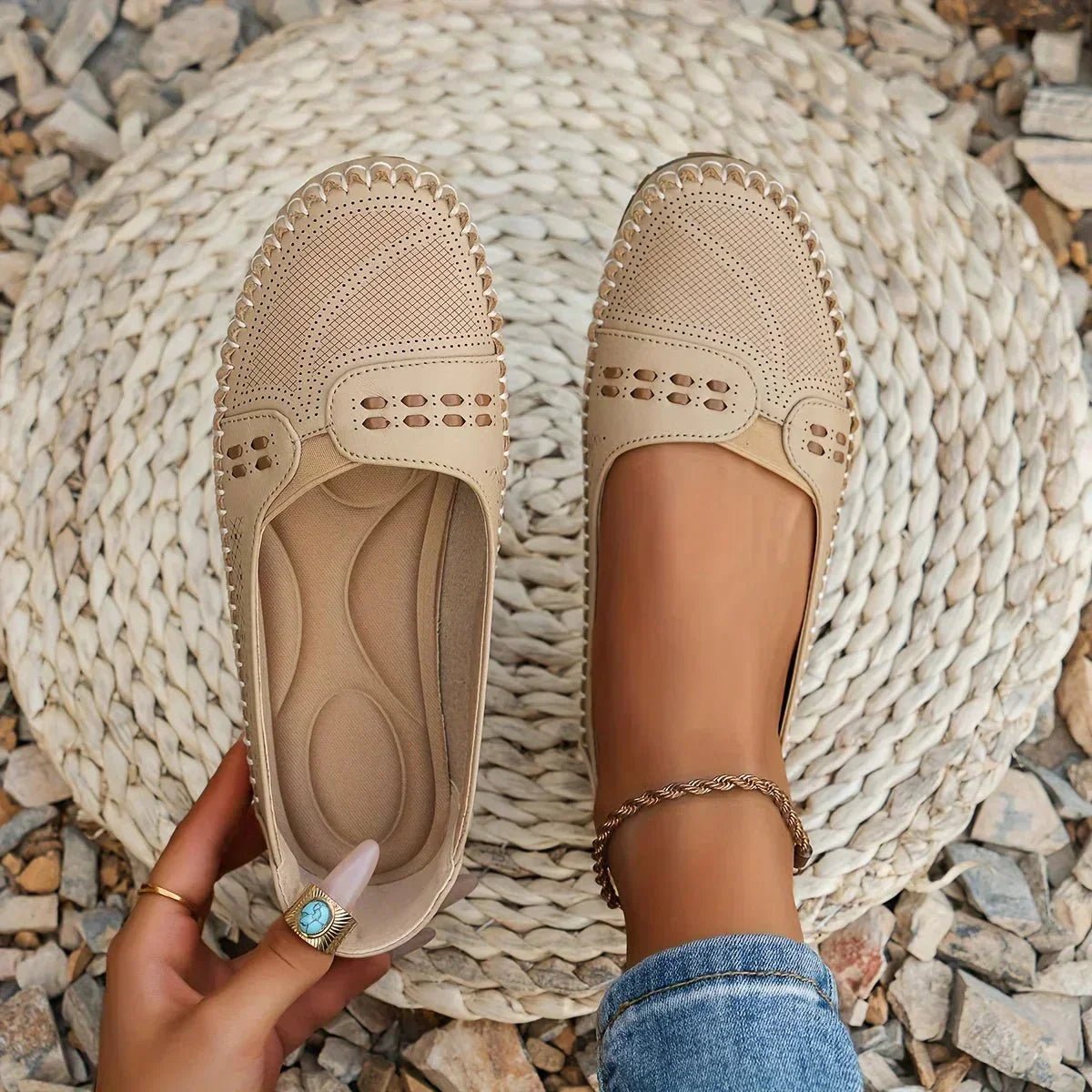 Orthopedic Loafers Slip-On Perforated PU Flat Comfort - Beige
