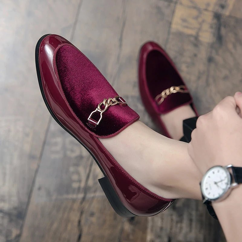 Orthopedic Loafers Velvet Slip-On Gold Chain Detail - Red