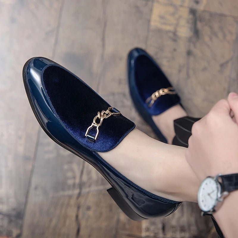 Orthopedic Loafers Velvet Slip-On Gold Chain Detail - Blue