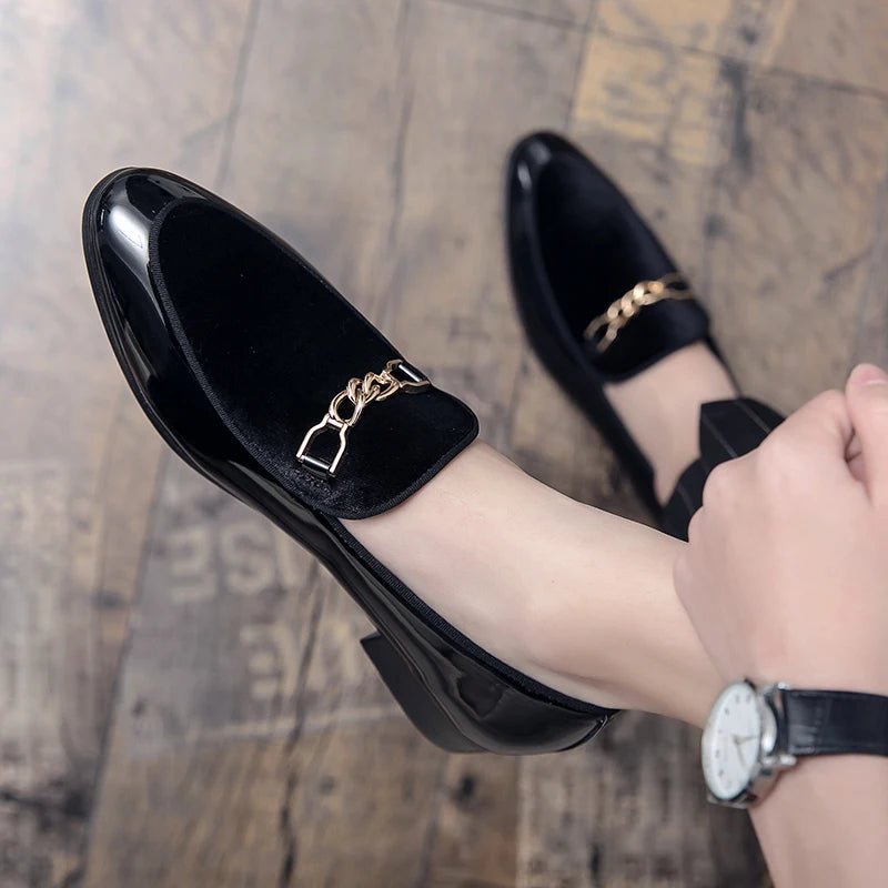 Orthopedic Loafers Velvet Slip-On Gold Chain Detail - Black