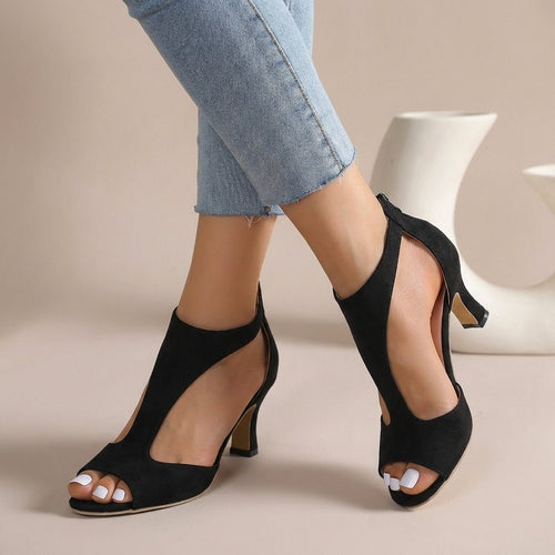 Orthopedic Peep-Toe T-Strap Mid-Heel Sandals Women Comfort - Black