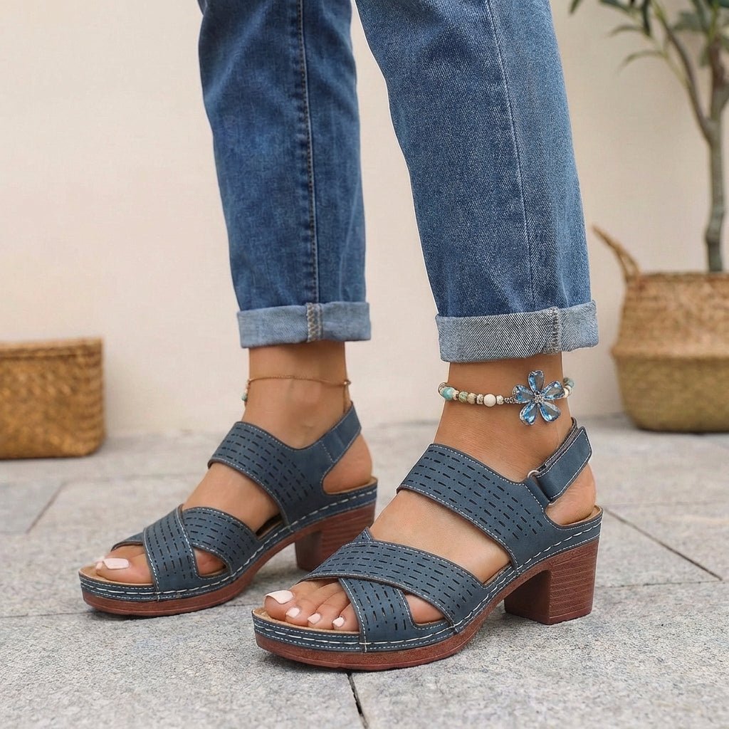 Orthopedic Platform Block Heel Sandals Open Toe Cut Out - Blue