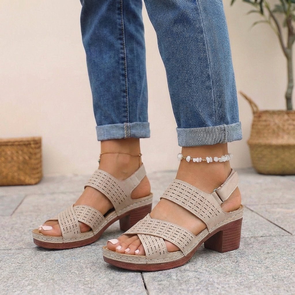 Orthopedic Platform Block Heel Sandals Open Toe Cut Out - Khaki