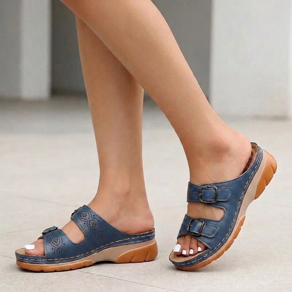 Orthopedic Platform Slide Sandals Buckle Adjustable - Navy Blue