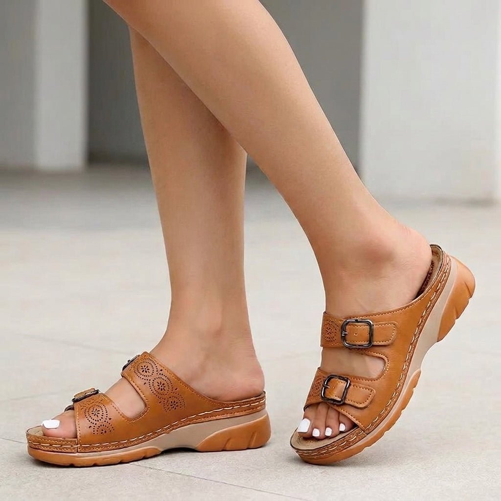 Orthopedic Platform Slide Sandals Buckle Adjustable - Brown