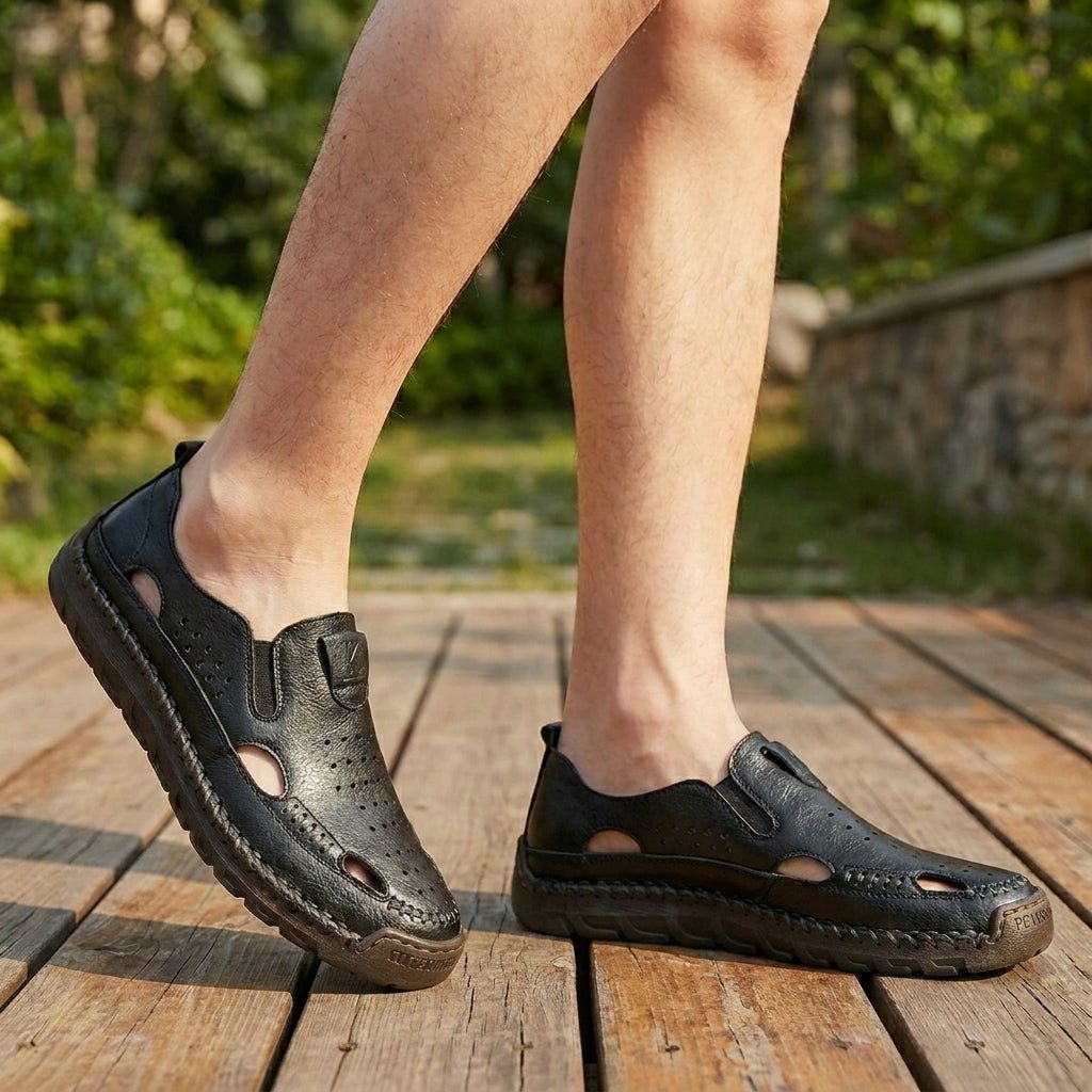 Orthopedic Sandals Men's Hand-Stitched Perforated Closed-Toe - Black