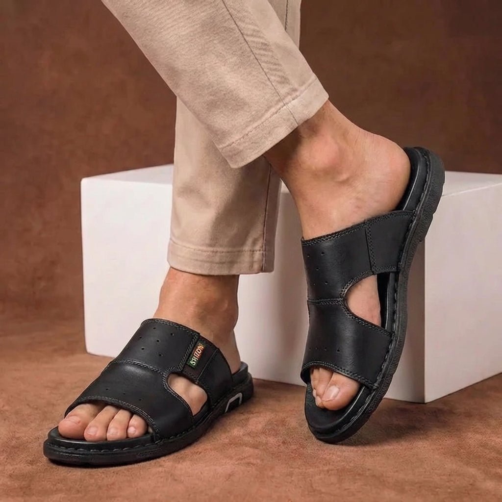 Orthopedic Slide Sandals Men Perforated Leather Wide Fit - Black