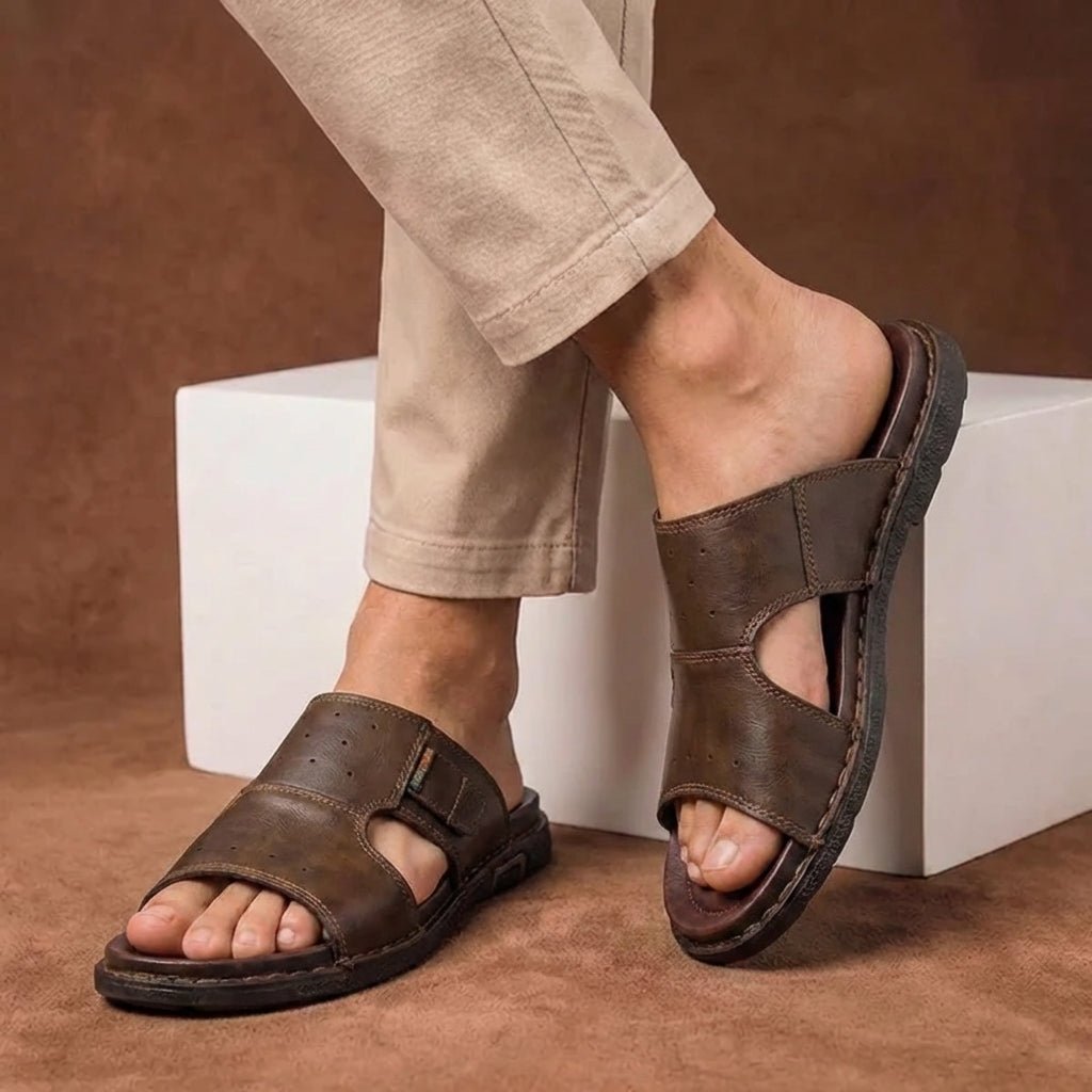 Orthopedic Slide Sandals Men Perforated Leather Wide Fit - Brown