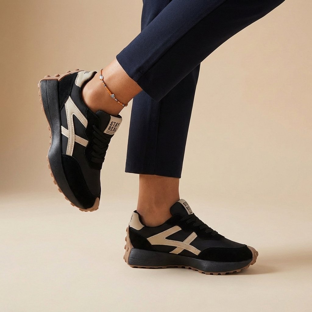 Orthopedic Sneakers Low-Top Contrast Panel Lace-Up - Black / Beige