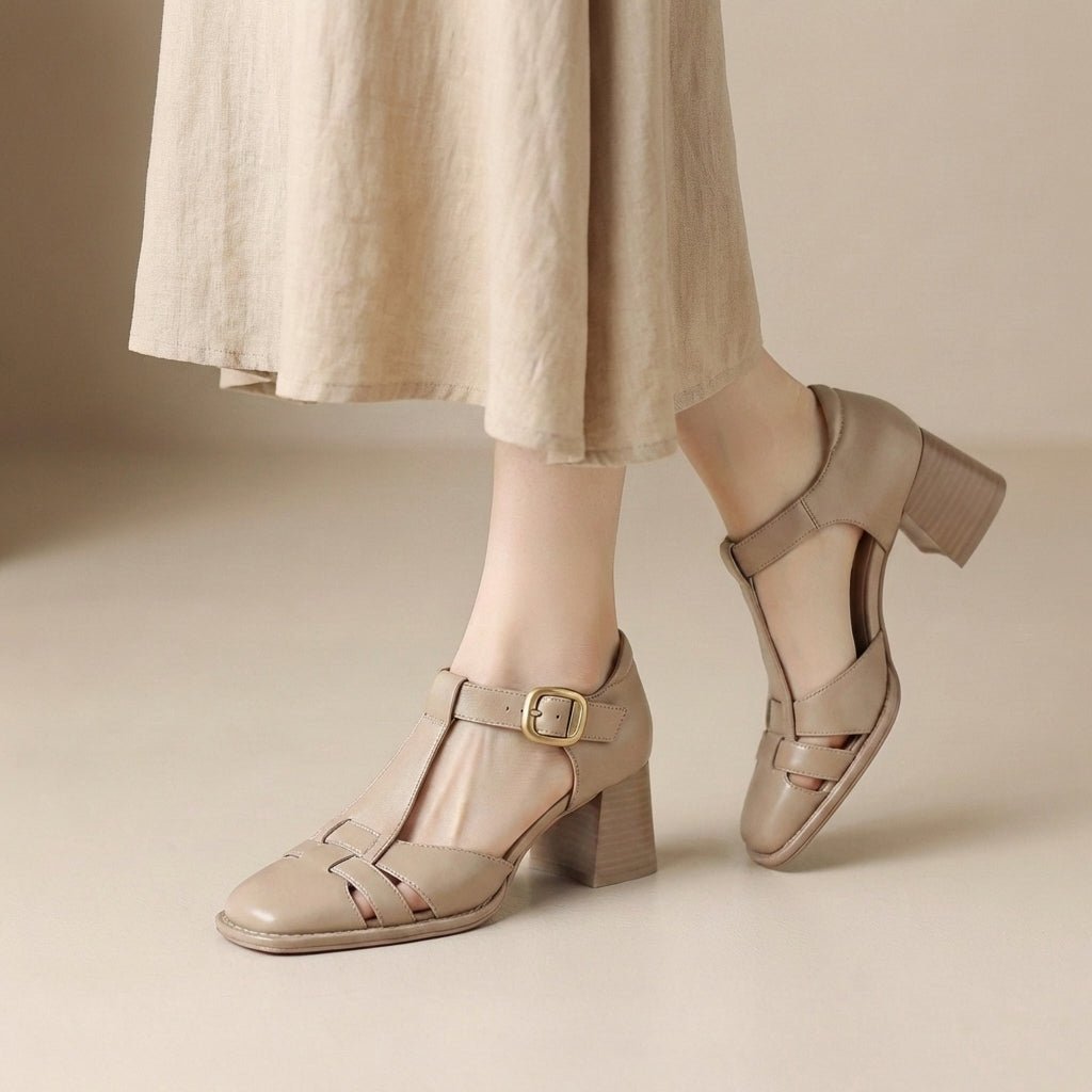Orthopedic T-Strap Sandals Chunky Heel Square Toe Comfort - Apricot