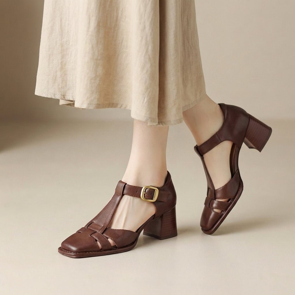 Orthopedic T-Strap Sandals Chunky Heel Square Toe Comfort - Brown